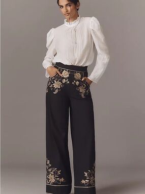 Anthropologie Scarlett Poppies Isi Embroidered Wide Leg Trousers